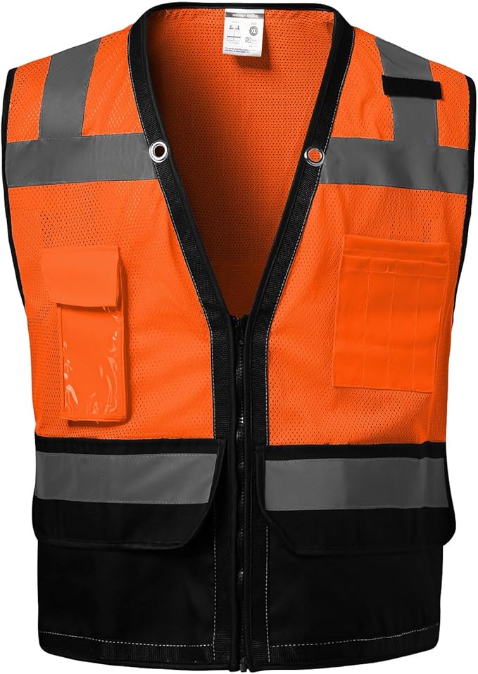 Reflective Safety vest With back plan pocket,High visibility Class 2 Heavy Duty Surveyor Vest with Zipper,Hi Vis Construction Work Vest for Men＆Women ANSI/ISEA(Orange-Bottom,5XL)