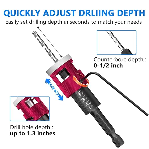 5-Piece Countersink Drill Bit Set with Adjustable Depth Stop, 1/4" Hex Shank Quick Change Drilling Tool Kit, 82° Woodworking Chamfer Bits for Wood, Plywood, MDF, Plastic