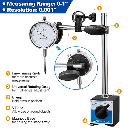 Spurtar Dial Indicator with Magnetic Base 0-1'' Dial Test Indicator 0.001'' Precision Dial Indicator Adjustable Long Arm Magnetic Dial Indicator for Accurate Alignment, Measurement, and Inspection