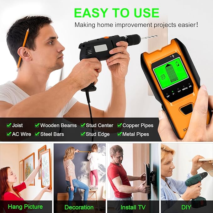 Stud Finder Wall Scanner - 5 in 1 Electronic Stud Detector with Upgraded Smart Sensor, Audio Alarm and HD LCD Display for the Center and Edge of Wood, AC Wire, Metal and Studs Detection (Amber)