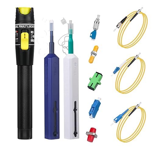 Fiber Optic Cable Troubleshoot Kit - Visual Fault Locator & 2pcs Fiber Cleaners Pens & 1pc FC to LC Adapter & 1pc LC, SC, ST, FC Coupler & 3 Short Patch Cords (Mode Number: VFL-50)