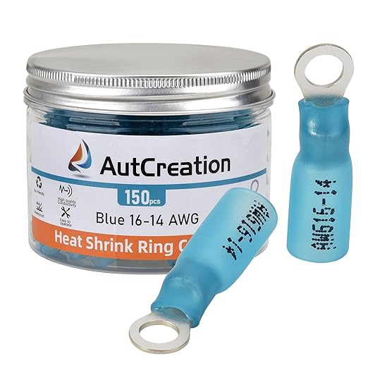 AutCreation 150PCS Heat Shrink Ring Terminals #8 Blue 16-14 AWG Marine Grade Electrical Wire Connectors, Tinned Red Copper Resistant Ring Connectors, Insulated Waterproof Crimp Terminals