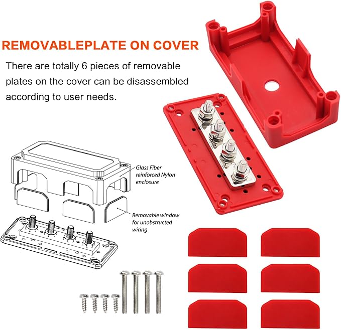 300A Bus Bar Box Heavy Duty Module Design Nickel Plated Brass Buss Battery Power Distribution 4xM8(5/16") Stainless Steel Terminal Studs Marine Ground DC12 24 48V（Red）