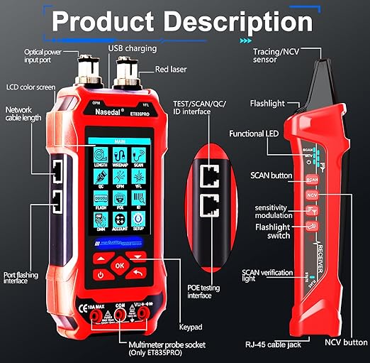 Network Cable Tester Optical Power Meter VFL Multimeter 4 in 1,Wire Tracer Toner Generator RJ45 CAT5 CAT6 CAT7 CAT8 UTP STP QC Test Cable Length Cable Maping Cable Scan Port Flashng POE Tester