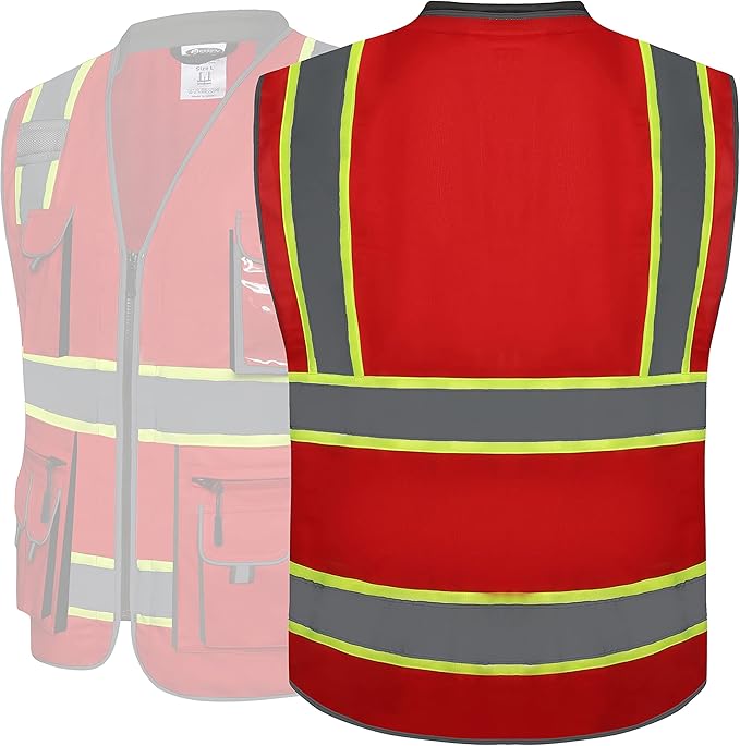 JKSafety 10 Pockets Hi-Vis Zipper Front Fluorescent Red Safety Vest | Cushioned Collar | High Reflective Tapes with Extended Neon Yellow Strips | Meets ANSI/ISEA Standards (XX-Large, 89-Red)