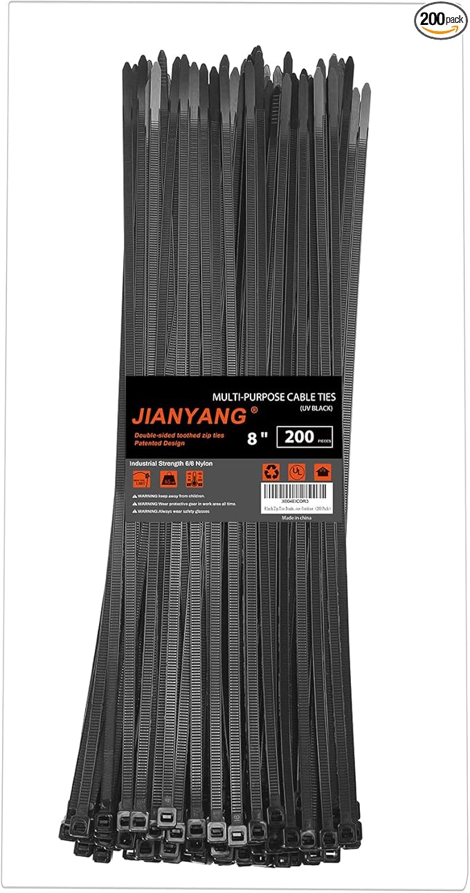 8 Inch Zip Ties Double Sided Toothed,65LBS Tensile Strength Heavy Duty Cable Wire Ties With Self-Locking Adjustable More Durable Nylon Tie Wraps for Indoor Outdoor（200 Pack）