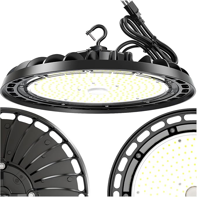 LED High Bay Light 150W, 10' UFO Commercial Lighting Fixture w/Isolated Power Supply, w/Plug for Garage Shop Warehouse Workshop, 5000k 21000lm Dimmable IP65 UL ETL Listed (1-Pack)