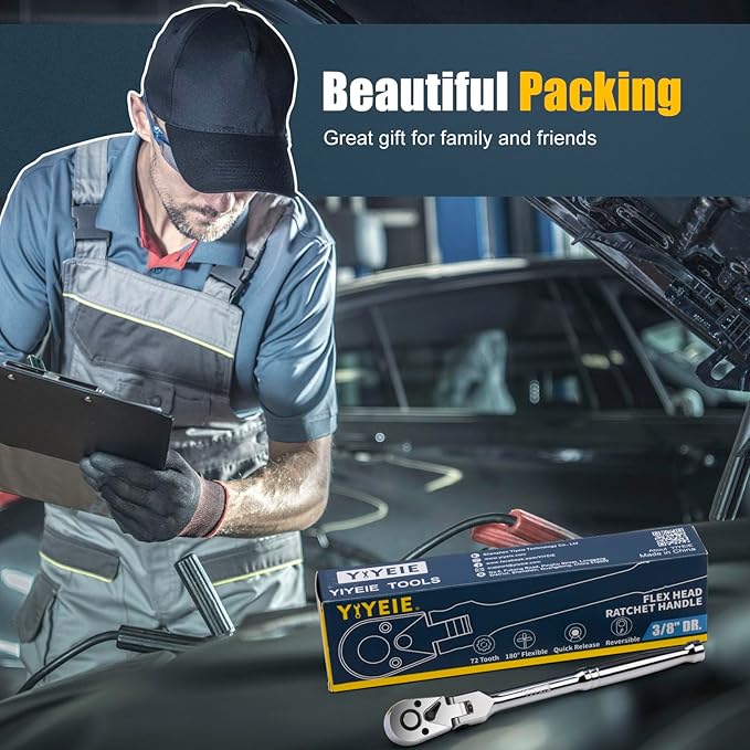 3/8" Drive Flex Head Ratchet, 72 Tooth Swivel Head Ratchet, Quick-Release, CR-V Steel, Flexible Ratchet Wrench with EVA Foam | 10 Inch Long