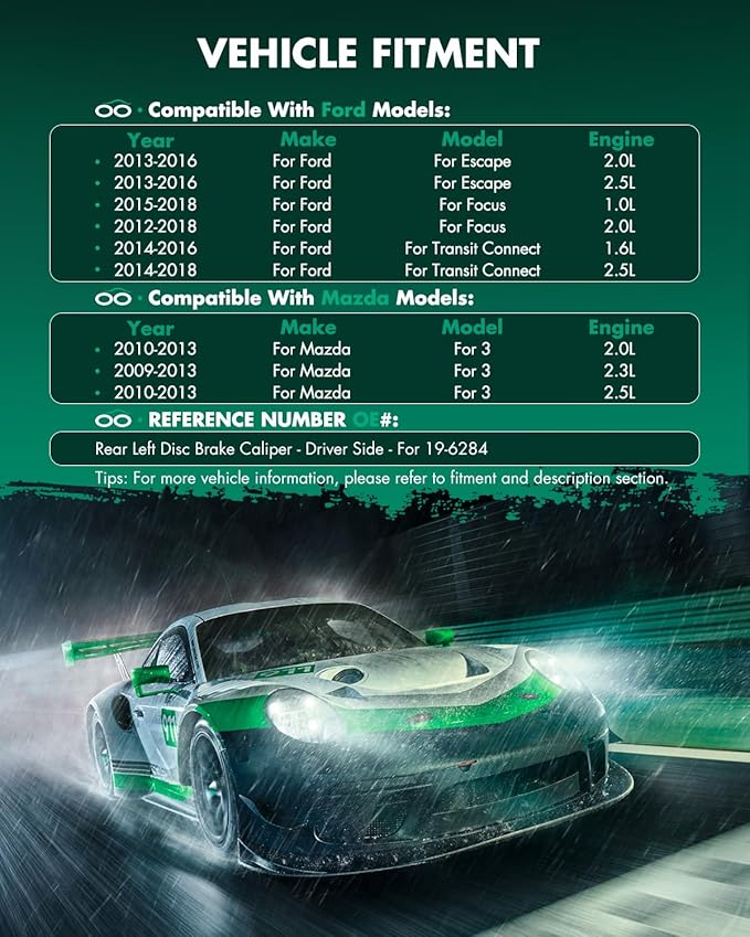 SCITOO 19-6284 Rear Left Driver Side Brake Caliper Fits For Ford For EcoSport 2018-2022,For Escape 2013-2016,For Focus 2012-2018,For Transit Connect 2014-2018, Without Bracket,1PC