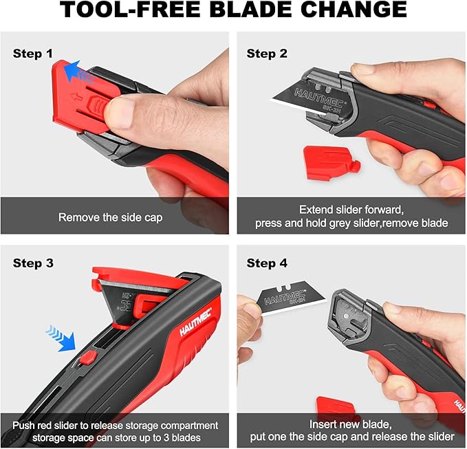 HAUTMEC Safety Self Retractable Utility Knife, Professional Heavy Duty Box Cutter With Extra 3 Black Sk2H Blades, Tool-free Blade Change, Safety Knife for Work HT0414-KN