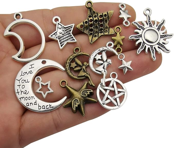 100g Craft Supplies Small Antique Bronze Silver Sun Moon Star Charms Pendants - Image 5