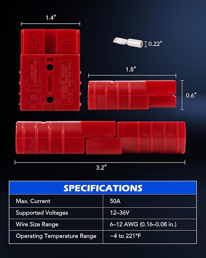 Orion Motor Tech Wire Connector 4 Pack, 50A Wire Harness Plug Kit for 6-12 Gauge Cables, 12V-36V Battery Quick Connect Disconnect Set for Car Bike ATV Winches Lifts Motors More, Set of 4, Red
