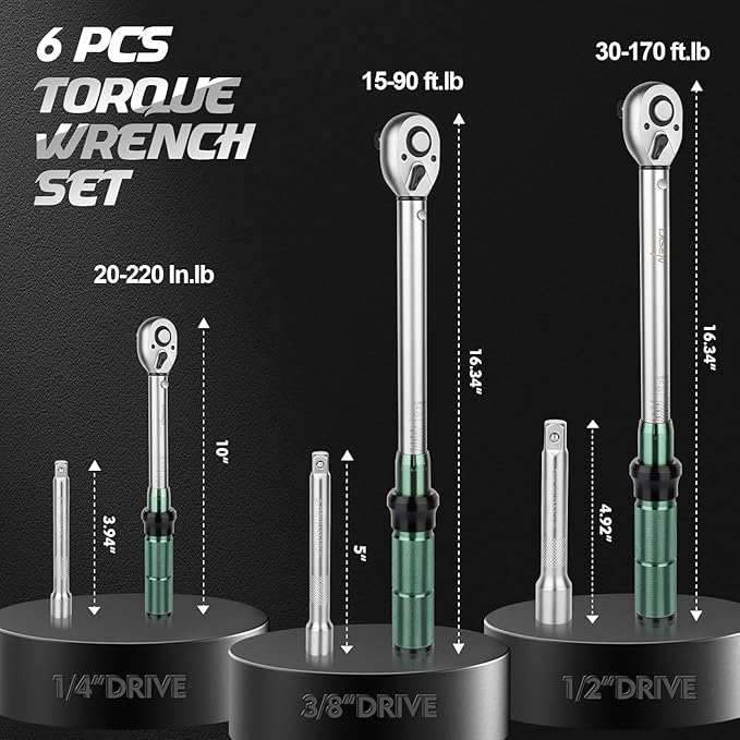 DISEN 6 PCS 1/4 3/8 1/2-inch Drive Click Torque Wrench Set 20-220In.lb, 15-90Ft.lb, 30-170Ft.lb with Extension Bar Kit, ±3% Accuracy, 72-Tooth Dual Scale Torque Wrenches for Bike, Moto, Car Repair