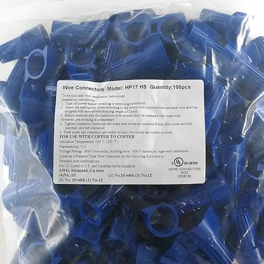 UL Listed Blue Winged Electrical Wire End Connectors Caps Bulk 100 Pack Large Twist-on Wire Connectors Nuts 14-6 AWG,HS P17 Type Screw Terminals