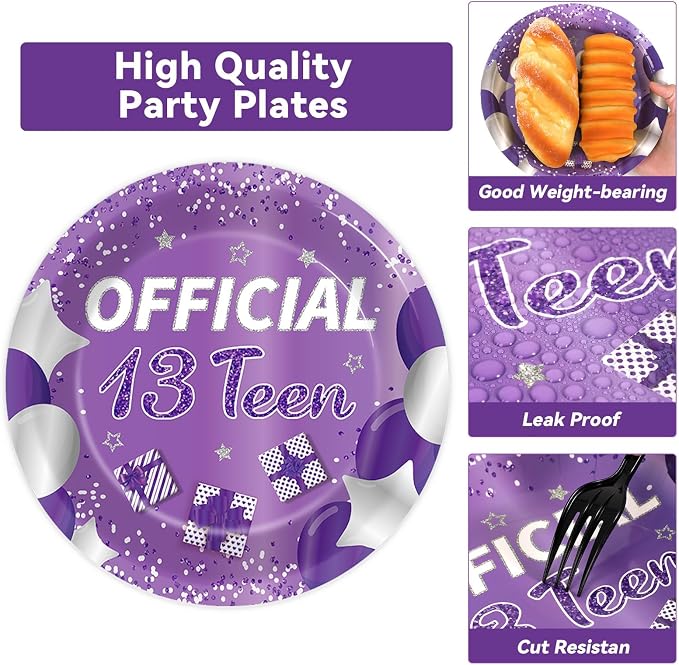 Qyeahkj 100 Pcs Purple Official Teen Birthday Decor 13th Birthday Plates - Image 3