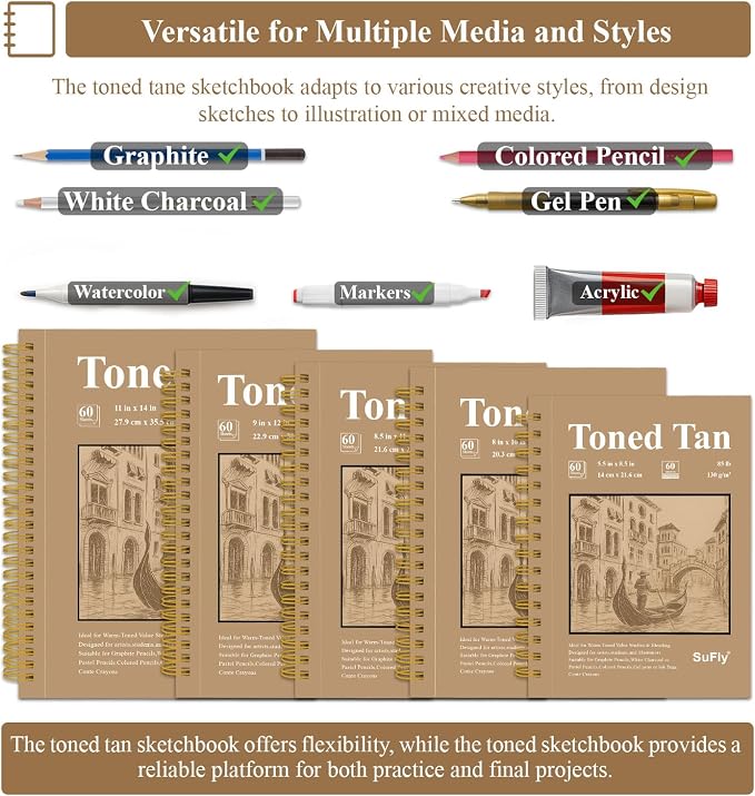 SuFly Toned Tan Sketch Pad, 8 1/2 x 11 Sketchbook, 60 Sheets - 90lb/150gsm - Image 5
