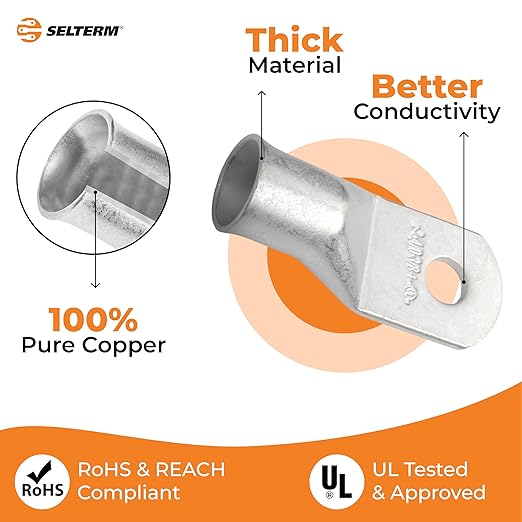 SELTERM 2pcs 4/0 AWG(XL) 3/8" Stud Battery Lugs,Ring Terminals,Heavy Duty Copper Wire Lugs,Battery Cable Ends, 0000 Gauge Ring Terminal Connectors,UL Bare Copper Eyelets Electrical Battery Cable Lugs