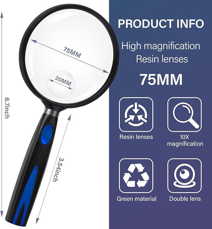 Feosky Handheld Reading Magnifier, 10X Magnifier, 75mm Shatterproof Lens - Image 2