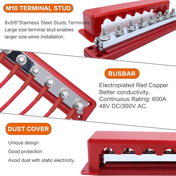 600 A High Current Copper Bus Bar 300V AC / 48V DC 8 Way 3/8 inch (M10) Studs 8#8-32 Screws Electrical Terminal Ground Distribution Block Battery Buss Bars with Cover (Red)