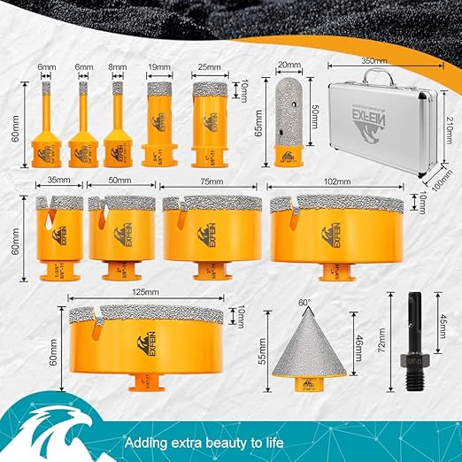 Tile Hole Saw Kit 15pcs - Diamond Core Drill Bits(1/4"-5") + 2pcs 4.5" Tile Blades + SDS Adapter for Ceramic Porcelain Marble