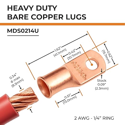 SELTERM 10pcs 2 AWG - 1/4" Stud - Battery Lugs, Heavy Duty Wire Lugs, Ring Terminals, Battery Cable Ends,2 Gauge Terminals, UL Bare Copper Eyelets Electrical Battery Terminal Connectors