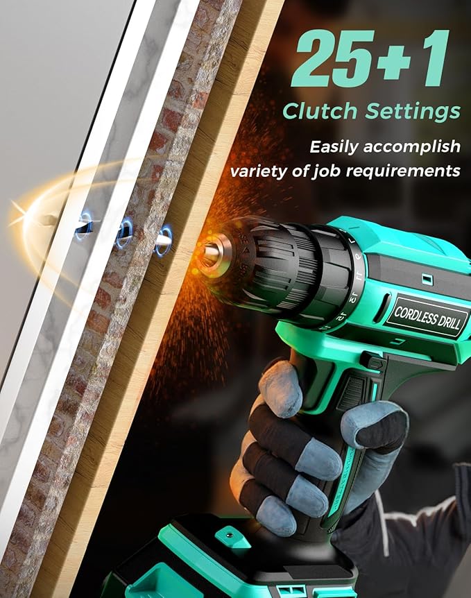 Cordless Drill, 20V MAX Power Drill Set with Dual Power Pack & Charger, 3/8 Inch Keyless Chuck, Variable Speed, 25+1 Position and 56PCS Bits/Screws, Power Tools for Home Projects