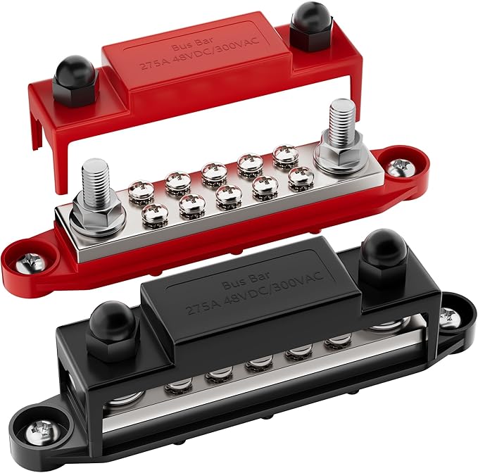 Bus Bar 12V 275A Power Distribution Block 2 x 3/8" (M10) Terminal Studs and 10 x #10 Screws Terminals Positive and Ground Battery BusBar