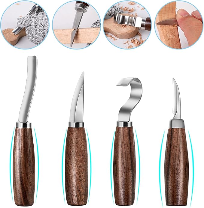 Wood Carving Tools Set,Detail and Hook Carving Knife Kit for Beginners,Trimming Knife for Spoon Bowl Cup Woodwork,Round handle design and 6pcs SK2 Carbon Steel Wood Carving Knives（10pcs）