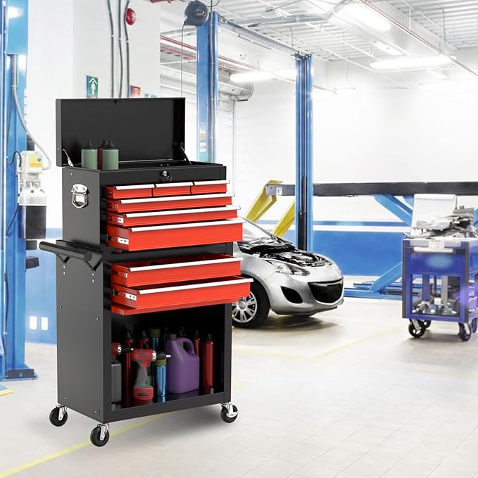 8-Drawer High Capacity Rolling Tool Chest, Removable Cabinet Storage Tool Box with Wheels and Drawers, Detachable Toolbox with Lock for Workshop (Black&red)