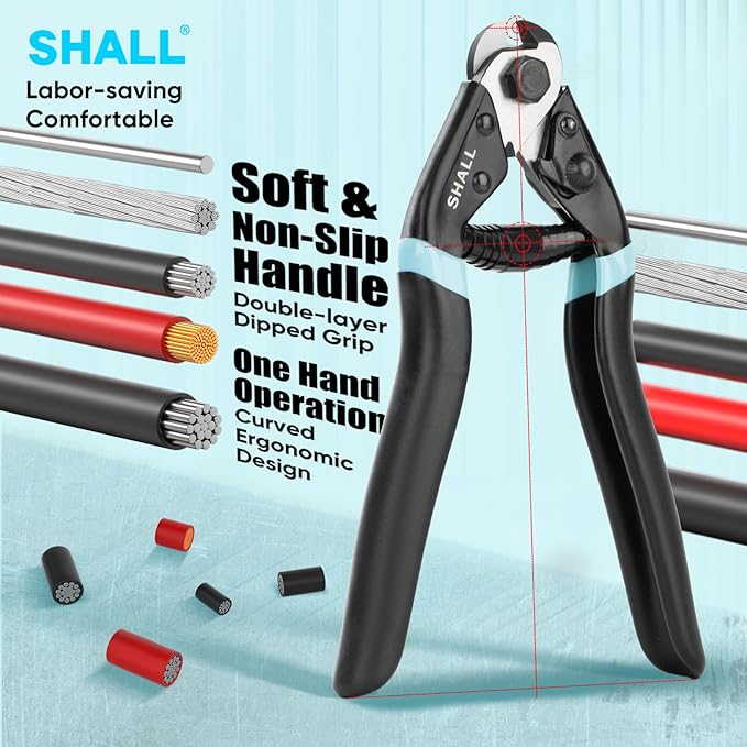 SHALL Cable Cutter, 7-1/2 inch Wire Rope Cutter Heavy Duty for Cuttng Up to 5/32", Chrome Vanadium Steel Jaw for Hard Wire Ropes, Steel Wires, Aircraft Cables, Railing, Metal Fence, Bike Bicycle Brake