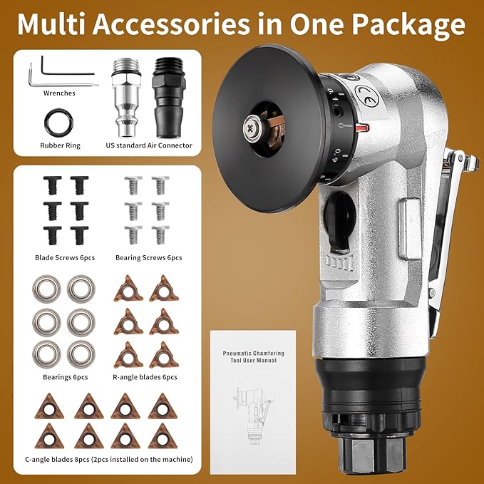 2 in 1 Pneumatic Chamfering Tool- Mini Air Chamfer Tool with Multi-Angle Chamfering Kit,45 Arc Corner Deburring Beveling Chamfer Machine for Metal, Acrylic,Woodworking (Silver)