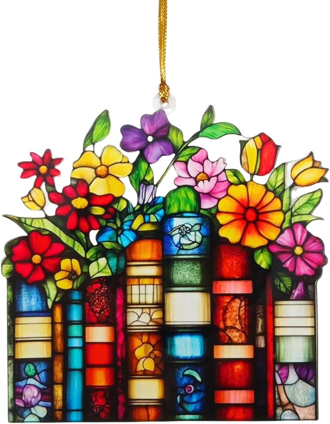 Book Lover Gifts for Women Acrylic Faux Stained Glass Window Hanging, Floral by Comasol