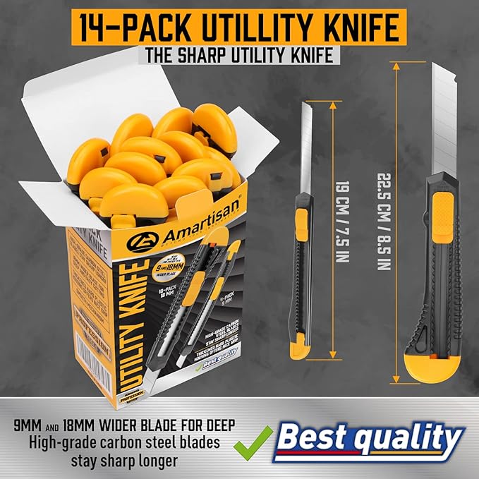 Amartisan 14-Piece Retractable Box Cutter, Utility Knifes for Boxes, Cartons, Cardboard Cutting, 18mm & 9mm Wide Blade Cutter, Very Suitable for Office and Home Use.