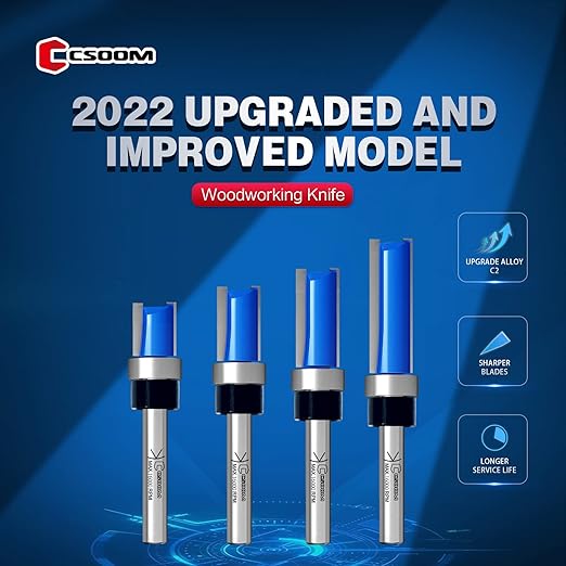 CSOOM 4PCS Professional Pattern Flush Trim Router Bits Set, 1/4” Shank Carbide Top Bearing Flush Trim Router Bits,Cutting diameters of 25/64", 3/4", 1", 1-1/2"
