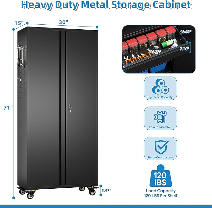 71" H Metal Garage Storage Cabinet with Locking Doors and 2 Adjustable Shelves, Rolling Tool Storage Cabinet with Wheels, Drawer, Pegboard and 16 Hooks for Garage, Warehouse, Black