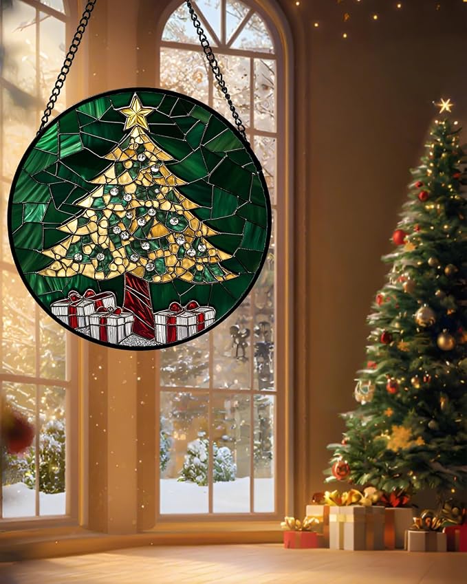 Stained Glass Window Hanging -Gold Green Christmas Tree Suncatcher - Image 4
