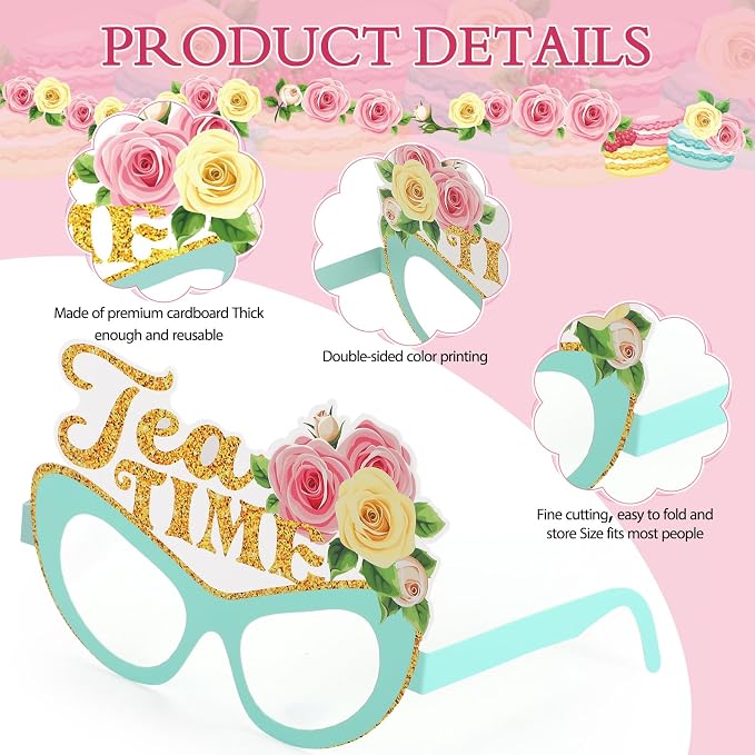 Pajean 32 Pcs Tea Party Decorations Eyeglasses Tea Time Themed Paper Glasses - Image 3