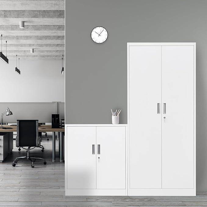 BESFUR Metal Storage Cabinet, 36"- White Locking Cabinet with Two Adjustable Shelves, Garage Storage Cabinet for Office, Garage, Home