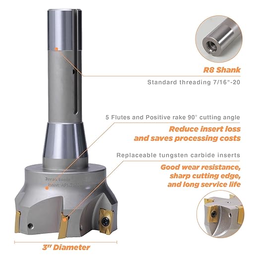 R8 Shank Indexable 3" End Mill, 3" Diameter 90 Degree High Speed Milling Cutter with Replaceable Carbide Insert
