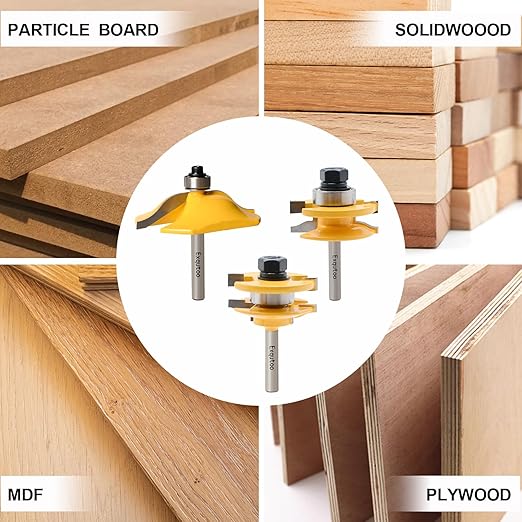 3PCS 1/4" Shank Router Bit Set, Raised Panel Cabinet Door Making Router Bits, Cemented Carbide Router Bits, Woodworking Tools Router Door & Window Bits (Tenon Joint Cutter Diameter: 1-3/4")