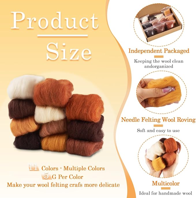 Boutigem 11 Colors 55G Brown Needle Felting Wool Roving, DIY Craft Spinning - Image 3