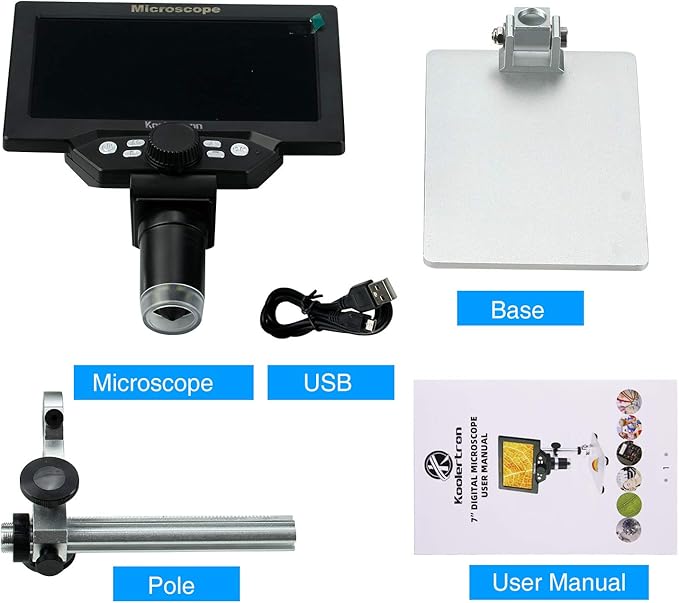 Koolertron 7 inch LCD Digital Microscope,12MP 1-1200X Magnification 1080P Coin Microscope with Screen,8 LED Lights,Rechargeable Battery Microscope for PCB Soldering Plant/Rock/Insect/Watch Repairing