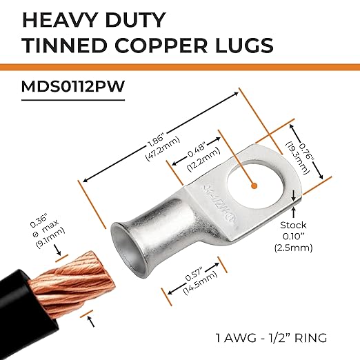 SELTERM 10pcs 1 AWG-1/2 Stud Tinned Copper Wire Lugs, Heavy Duty Battery Cable Ends,1 Gauge Ring Terminals, UL Battery Lugs Marine Grade Copper Eyelets Electrical Battery Terminal Connectors