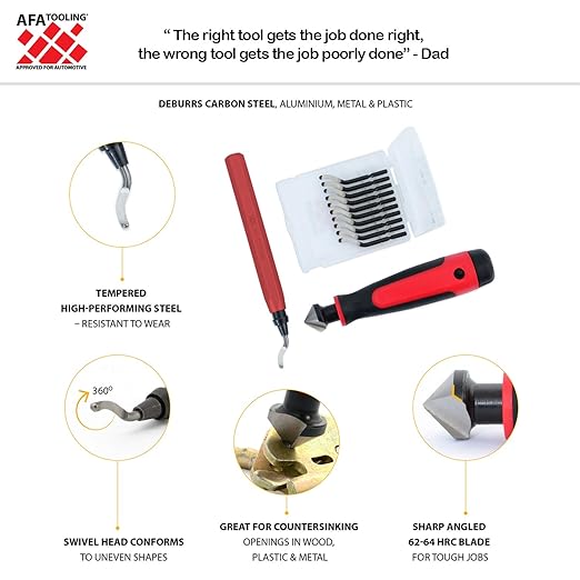 AFA Tooling - Deburring Tool & Countersink Hand Reamer with 10 Extra Swivel Blades - Works on Resin, PVC Pipes, Copper, Plastic - Plumbing & 3D Printing Burr Removal Reamer Tool