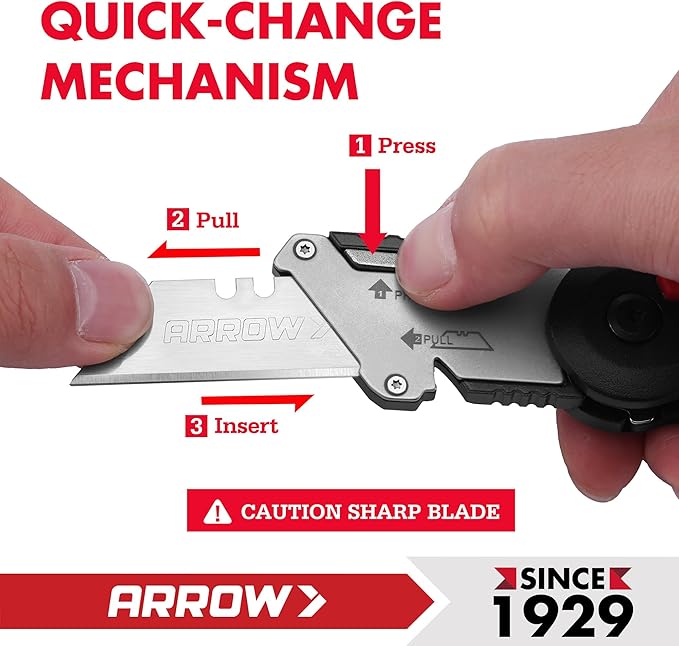 ARROW Utility Knife with Blade Storage Design, Quick Change Box Cutter, Speed Release Folding Knife with Belt Clip and Landyard Hole, Extra 13 Pieces SK2 Blades Included