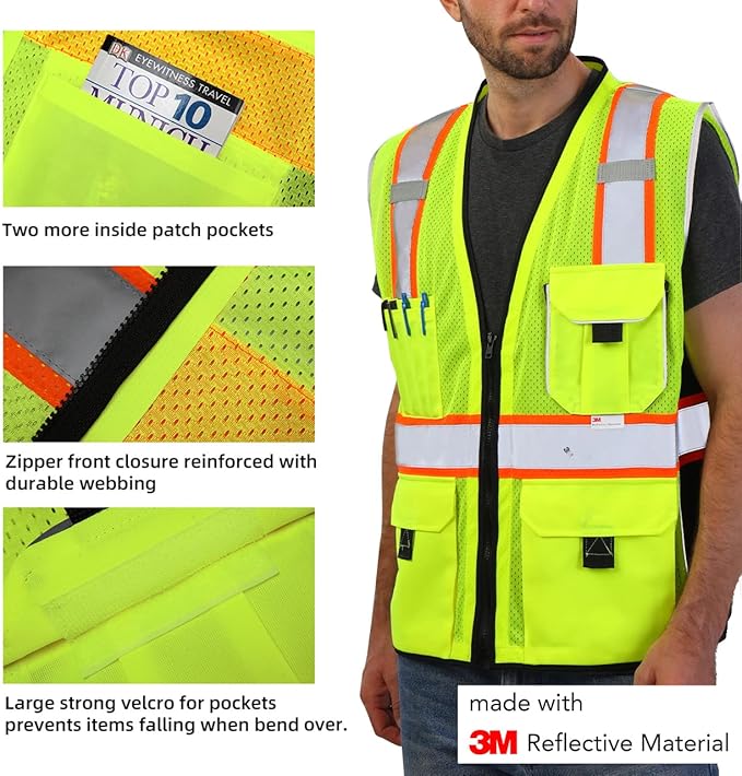 Dib Safety Vest Reflective Yellow Mesh, High Visibility Vest with Pockets and Zipper, ANSI Class 2 Heavy Duty, Made with 3M Reflective Tape L