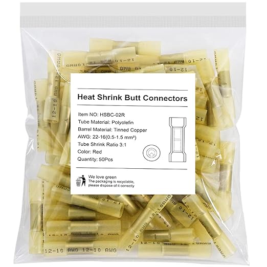50PCS Heat Shrink Butt Connectors, Solder Butt Splice for Marine Automotive,Yellow