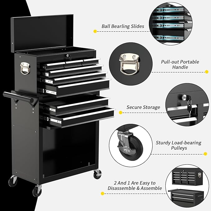 On Shine 8 Drawer Rolling Tool Chest, Large Capacity Rolling Tool Box with Wheels, Locking Mechanical Tool Chest, Portable Tool Box with Sliding Drawers,Metal Tool Box for Garage Workshop (Black)