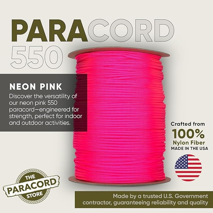 The Paracord Store | Type III 550 Paracord - 250 FT Spool, Neon Pink | Heavy Duty 7 Strand Tactical Paracord - USA Made Nylon Outdoor Parachute Cord for Camping, Fishing & More - Survival Cord
