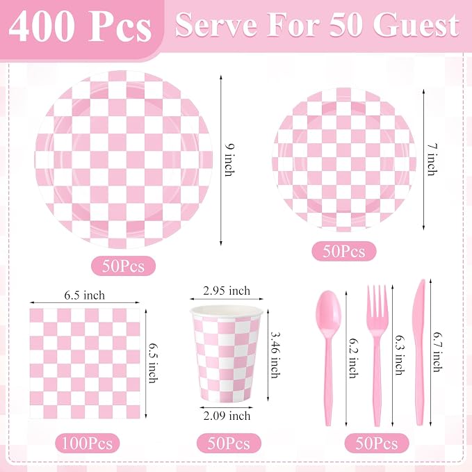 Pickmesh 400 Pcs Pink and White Checkered Party Decorations Set Light Pink - Image 3